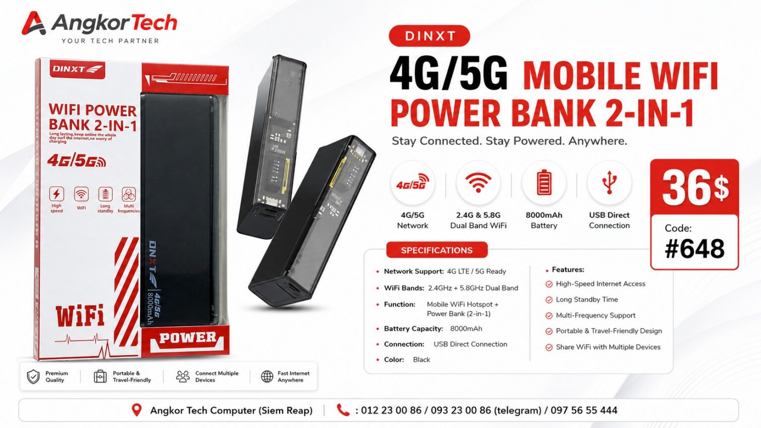 MODEM DINXT 4G/5G Mobile WiFi Power Bank 2-in-1