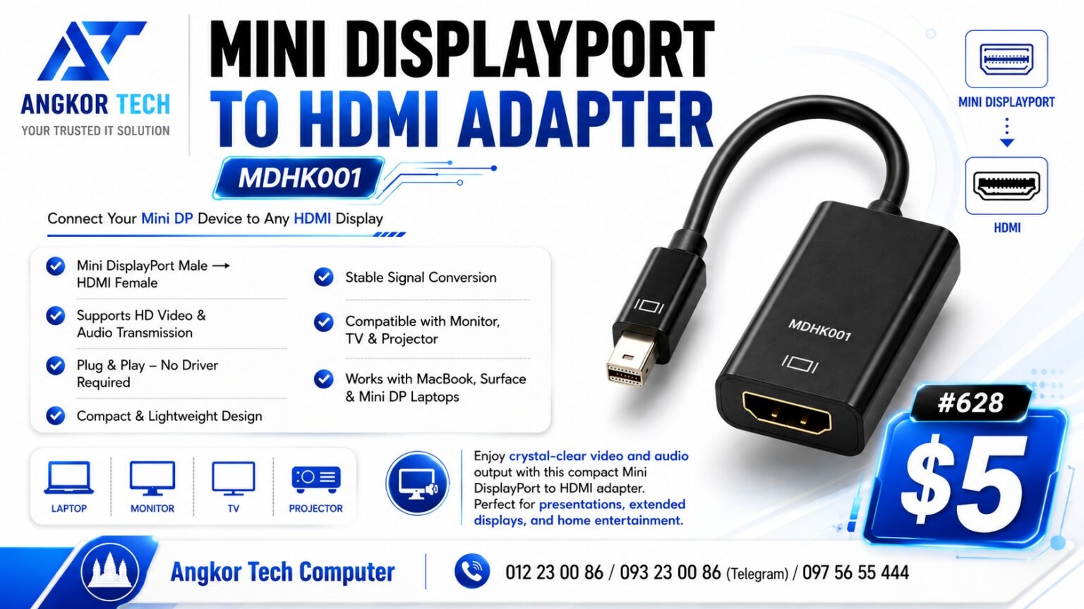 MDHK001 – Mini DisplayPort to HDMI Connector Adapter